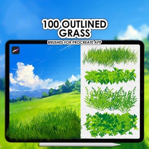 May include: A digital art illustration on a tablet shows a vibrant green landscape with a blue sky and white clouds. The tablet displays various outlined grass brushes for the Procreate app, with the text "100 Outlined Grass Brushes for Procreate App".