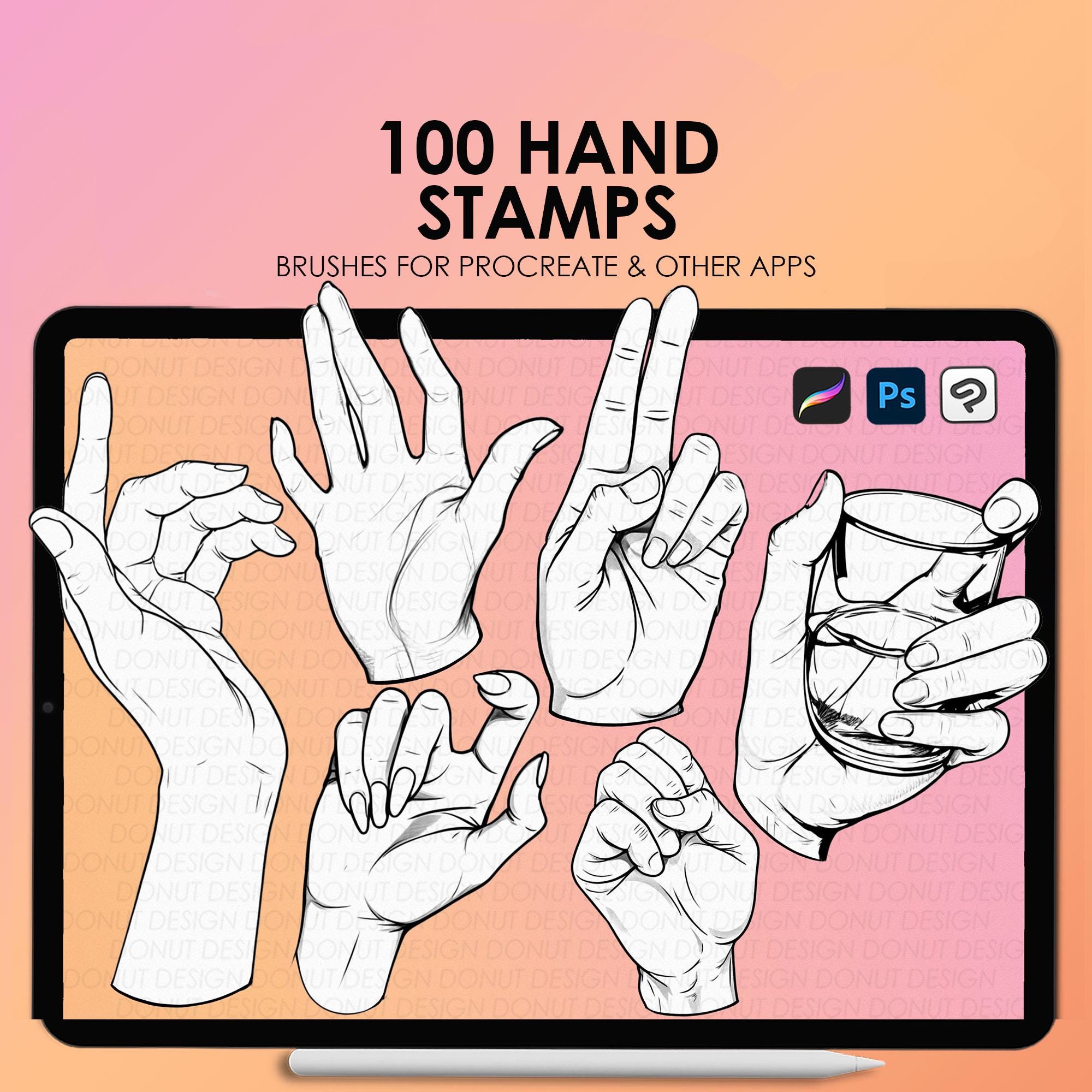 Sellos y pinceles de manos para Procreate | 100 sellos de poses de mano para Procreate + 100 ABR para Photoshop