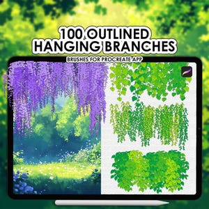 May include: Digital art on a tablet showcasing 100 outlined hanging branches, including purple wisteria and various green foliage. The text reads "100 Outlined Hanging Branches" and "Brushes for Procreate App".