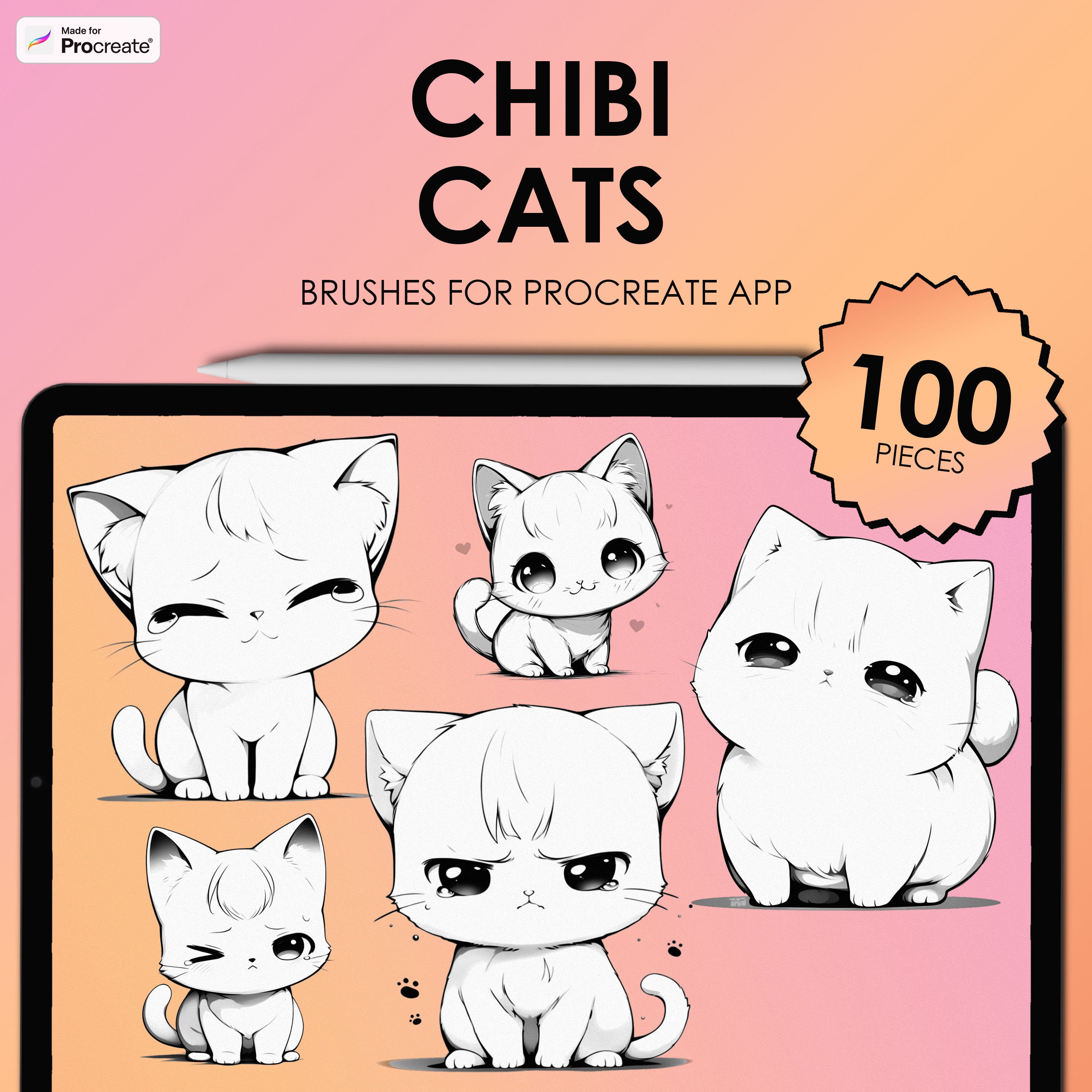 Procreate Chibi Cat Stamps – 100 Cute Cat Stamp Brushes for Procreate