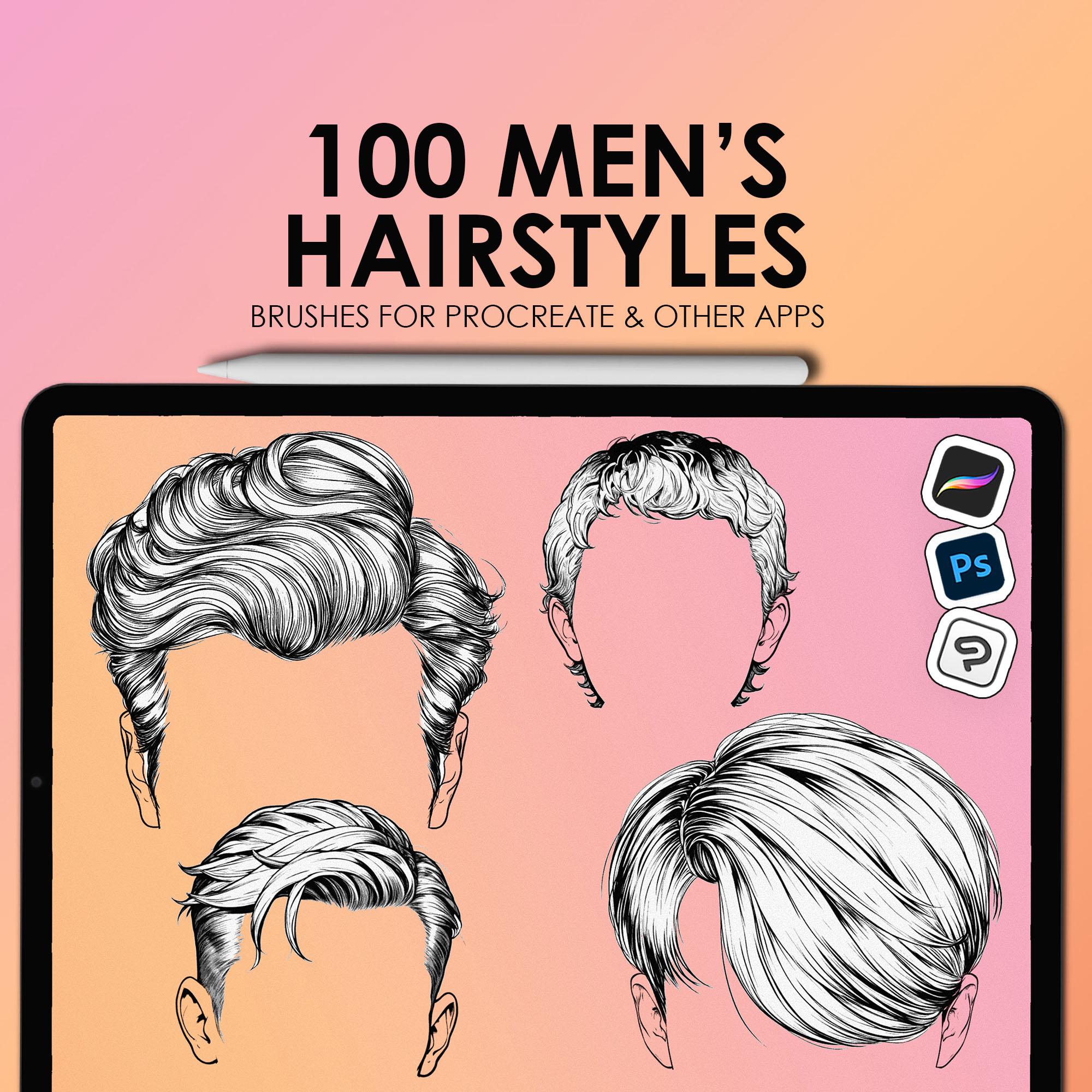 Procreate Men’s Hair Stamps & Brushes | 100 Male Hairstyle Stamps + ABR for Photoshop & Clip Studio - Image 1
