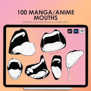 May include: A digital illustration of 100 different manga and anime mouth expressions. The mouths are drawn in black and white on a pink and orange gradient background. The image is displayed on a tablet screen with a stylus and a digital art app icon.