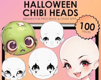 Procreate Halloween chibi head stamps | Procreate chibi stamps | Halloween Photoshop chibi face stamps | Clip Studio chibi Halloween