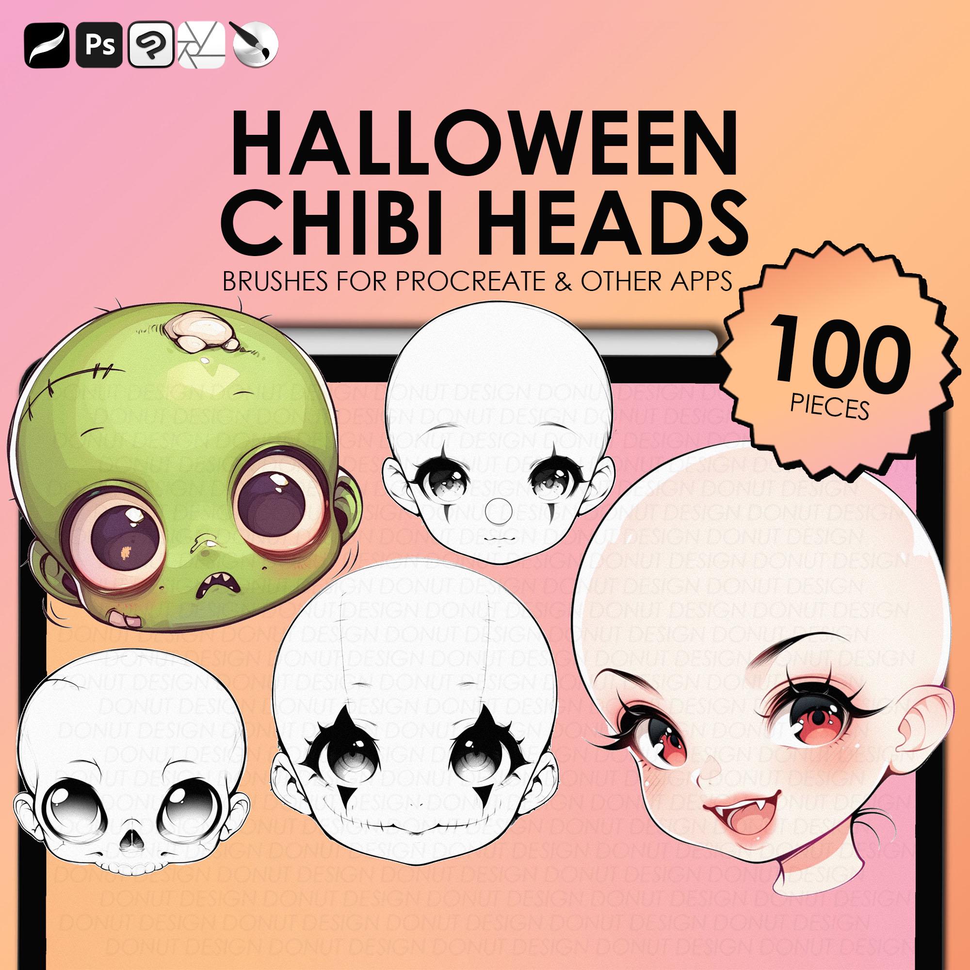 Halloween Chibi Head Stamps for Procreate, Photoshop & Clip Studio – 200 Cute Kawaii Face Brushes