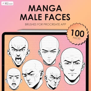May include: A digital illustration of 100 manga male faces, designed for use as brushes in the Procreate app. The faces are drawn in black and white and feature a variety of expressions.