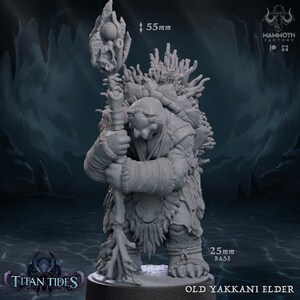 May include: A grey, detailed miniature figurine of a Yakkani Elder, standing 55 mm tall, holding a staff with a coral-like growth. The figure is wearing a fur-lined robe and has a large, detailed head with a long, pointed nose. The base is 25 mm in diameter. "Old Yakkani Elder" is printed on the base.
