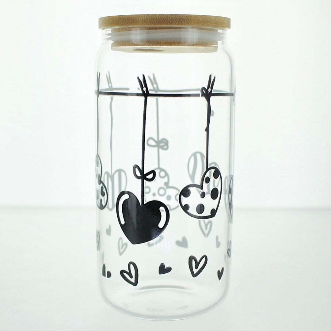 Hearts Black and Clear - Large Glass Cup (18oz) With Bamboo Lead and ...