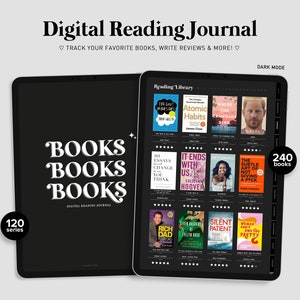 Diario di lettura digitale MODALITÀ SCURA / Pianificatore di lettura / Tracker di lettura di libri / Registro di lettura / Recensione di libri / Scaffale per libri / Pianificatore Goodnotes