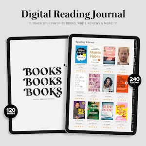 Diario di lettura digitale / Pianificatore di lettura / Tracker di lettura di libri / Diario di libri / Registro di lettura / Recensione di libri / Scaffale per libri / Pianificatore Goodnotes