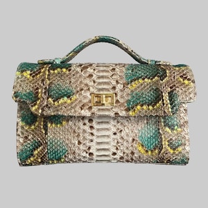 Pode incluir: Uma mala retangular com uma alça superior e um fecho de aba. A mala apresenta um padrão de pele de cobra em tons de verde, castanho e bege. Um fecho dourado prende a aba. A alça e a guarnição têm um padrão verde e castanho.