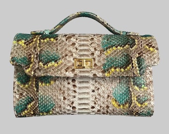 Handmade Genuine Python Leather Handbag, Luxury Snakeskin Bag, Elegant Top Handle Purse for Women , beige snake skin bag ,green python