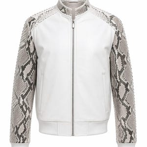 May include: White leather bomber jacket with snake-skin patterned sleeves. The jacket features a stand-up collar, a full-length zipper, and ribbed cuffs and hem. A stylish and unique outerwear piece.