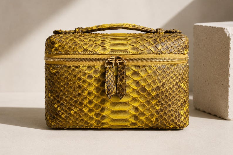 May include: A rectangular vanity case featuring a vibrant yellow and dark brown snakeskin pattern. The structured bag includes a top handle, a gold-toned zipper closure with two matching snakeskin-textured pull tabs, and a boxy silhouette.