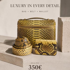 May include: A set consisting of a rectangular structured bag, a coiled belt, and a small wallet, all featuring a yellow and black snakeskin pattern. The text LUXURY IN EVERY DETAIL, BAG + BELT + WALLET, SPECIAL PRICE 350€, and LIMITED OFFER are visible.