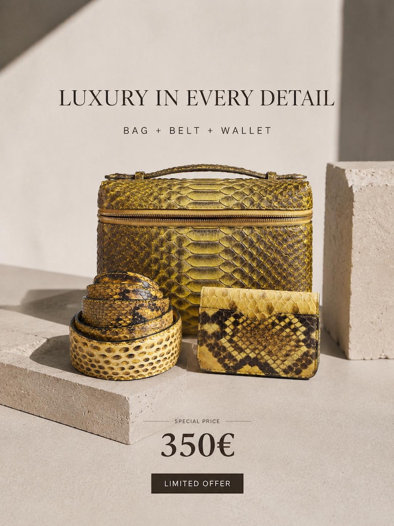May include: A set consisting of a rectangular structured bag, a coiled belt, and a small wallet, all featuring a yellow and black snakeskin pattern. The text LUXURY IN EVERY DETAIL, BAG + BELT + WALLET, SPECIAL PRICE 350&euro;, and LIMITED OFFER are visible.