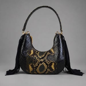 Könnte beinhalten: Eine halbmondförmige Hobo-Tasche mit einem schwarz-goldenen Schlangenledermuster. Die Tasche verfügt über einen einzelnen Tragegriff, einen goldfarbenen Reißverschluss und lange schwarze Fransen an den Seiten nahe der Griffbefestigung.