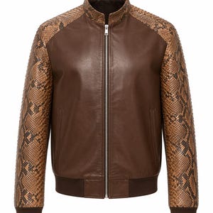 Chaqueta de piel de pitón auténtica y cordero marrón, chaqueta de piel de serpiente exótica hecha a mano, moda masculina premium, idea de regalo única, chaqueta de serpiente marrón