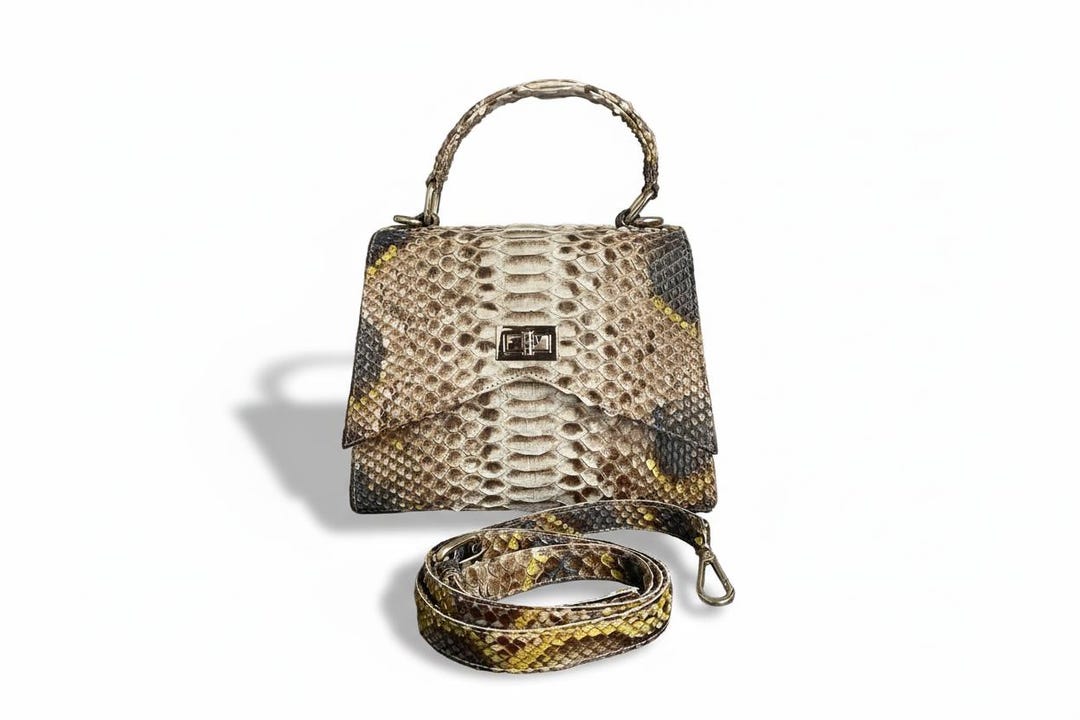Luxury Python Leather Handbag for Women, Beige Brown Python Leather ...