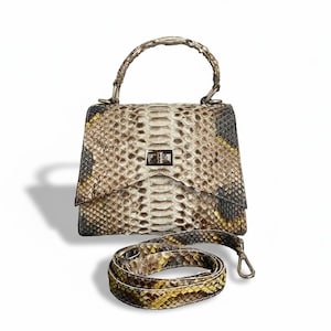 Op de afbeelding: Vierkante handtas van slangenleer met een handvat aan de bovenkant en een afneembare schouderriem. De tas is uitgevoerd in beige, bruin en geel. De riem en het handvat hebben een gevlochten ontwerp. De tas heeft een zilverkleurige sluiting.