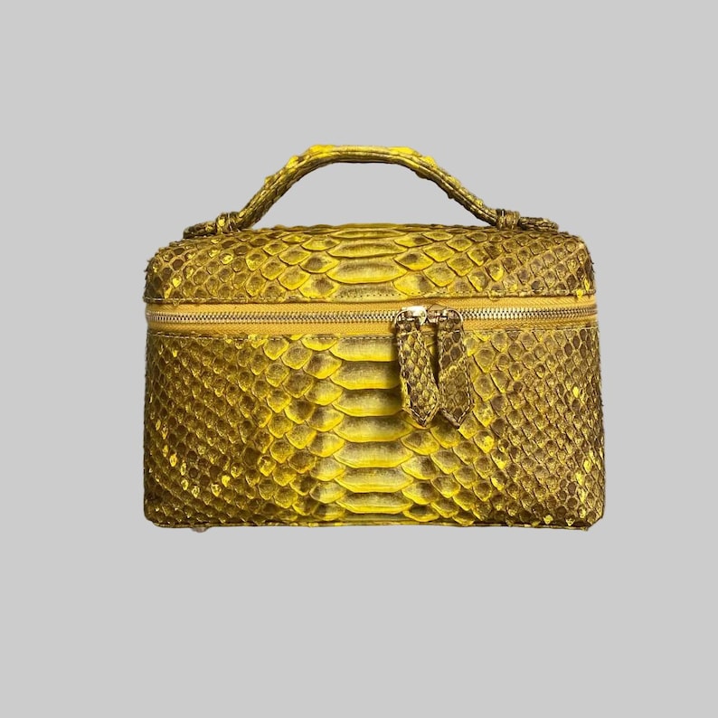 May include: A rectangular vanity case in a vibrant yellow hue with a distinct snakeskin texture. The bag features a top handle, a gold-toned zipper closure with two matching pull tabs, and a structured boxy silhouette for organized storage.