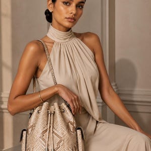 Könnte beinhalten: Beigefarbene Bucket Bag mit Schlangenmuster, Kordelzugverschluss und zwei Seitentaschen. Die Tasche hat einen Schulterriemen. Die Person trägt ein beiges Neckholder-Top und eine passende Hose. Die Gesamtästhetik ist neutral und elegant.