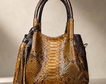 Luxury Python Leather Handbag for Women, Beige Brown Python Leather Mini Handbag, Exotic Snakeskin Top Handle, Luxury Handmade leather bag
