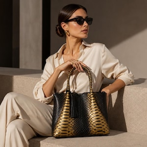 Luxury Python Leather Tote – Black Gold Exotic Leather Handbag, Elegant Women’s Statement Bag,handcrafted snake skin bag,handmade snake skin