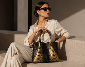 Luxury Python Leather Tote – Black Gold Exotic Leather Handbag, Elegant Women’s Statement Bag,handcrafted snake skin bag,handmade snake skin