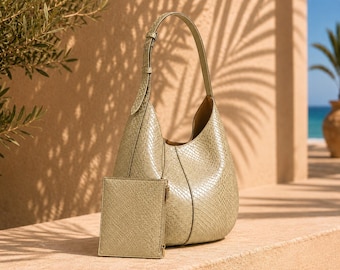 Luksusowa letnia torba typu hobo ze skóry węża, oliwkowa torba na ramię z pytona, miękka, luźna torba, elegancka torebka w stylu wakacyjnym dla kobiet, jasnoszałwiowa torba