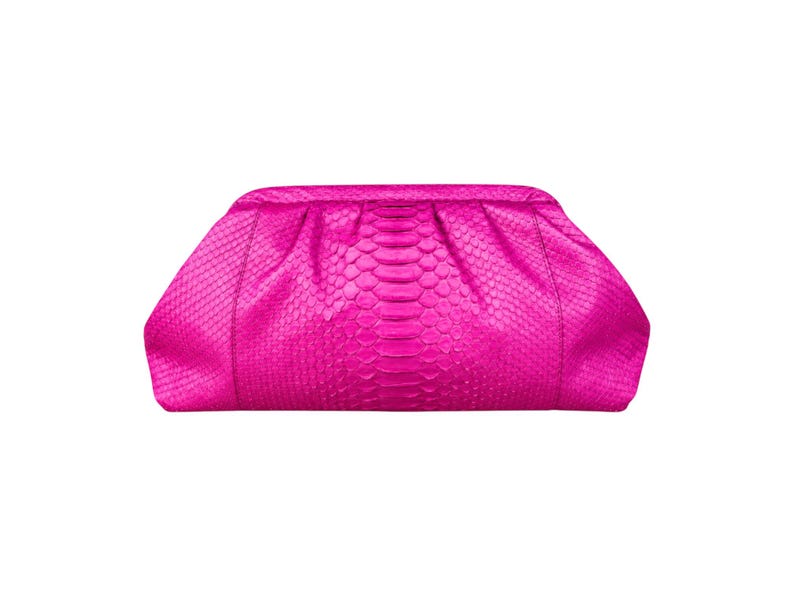 May include: A bright fuchsia clutch bag featuring a textured snakeskin pattern. The bag has a rounded, soft-sided silhouette with a gathered top closure, creating a distinct pleated effect across the front surface of the accessory.