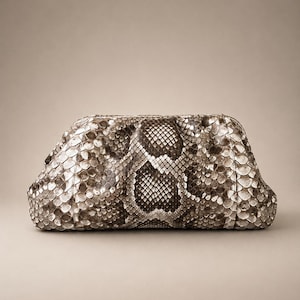 May include: A structured clutch bag featuring a textured snakeskin pattern in shades of brown, gray, and cream. The bag has a rounded, soft-sided rectangular shape with a frame closure, showcasing a detailed scale design across the entire exterior.