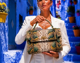 Handmade Genuine Python Leather Handbag, Luxury Snakeskin Bag, Elegant Top Handle Purse for Women , beige snake skin bag ,green python