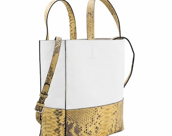 Luxury Genuine Snake Leather Tote Bag – Handmade White & Snakeskin Pattern Handbag with Adjustable Strap, Elegant Exotic Fashion Accessory