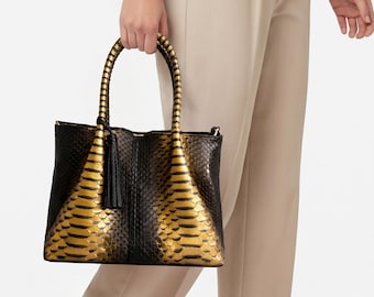 Luxury Python Leather Tote – Black Gold Exotic Leather Handbag, Elegant Women’s Statement Bag,handcrafted snake skin bag,handmade snake skin