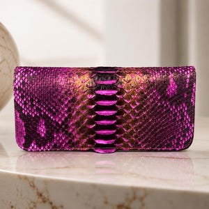 Blush Fuchsia Pink Python Leather Wallet for Women – Genuine Snakeskin Clutch Purse, Luxury Handmade Exotic Leather Gift for Her elegant