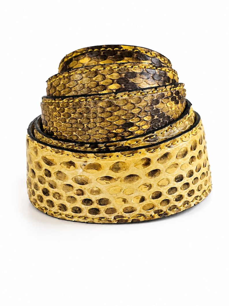 May include: A coiled belt featuring a textured snakeskin pattern in shades of metallic gold, yellow, and dark brown. The belt has a glossy finish with visible stitching along the edges, showing a repeating scale-like design throughout the surface.