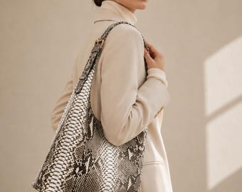 Genuine Python Leather Hobo Bag – Luxury Snakeskin Shoulder Bag – Exotic Leather Handbag for Women – Statement Piece,