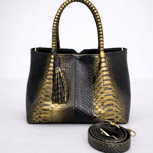 Luxury Python Leather Tote – Black Gold Exotic Leather Handbag, Elegant Women’s Statement Bag,handcrafted snake skin bag,handmade snake skin