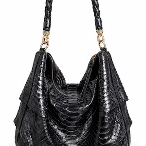 Luxury Python Leather Tote – Black Gold Exotic Leather Handbag, Elegant Women’s Statement Bag,handcrafted snake skin bag,handmade snake skin