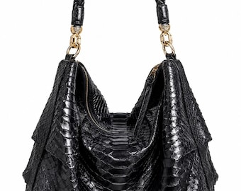 Bolso hobo de piel de pitón negra – Bolso de hombro de lujo de piel exótica, bolso holgado hecho a mano, monedero de piel de pitón auténtica, herrajes dorados.