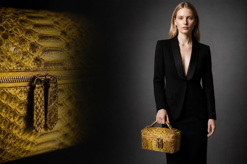 Python Leather Gift Set – Luxury Python Leather Bag, Belt & Wallet Set – Genuine Exotic Snakeskin Travel Vanity Case – Handmade Premium Gift image 14