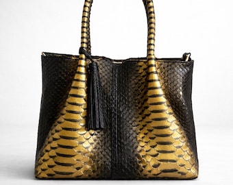 Luxury Python Leather Tote – Black Gold Exotic Leather Handbag, Elegant Women’s Statement Bag,handcrafted snake skin bag,handmade snake skin