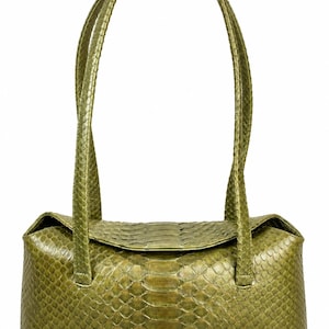 Bolso de mano de auténtica piel de pitón, bolso de lujo de piel de serpiente verde oliva para mujer, bolso de piel de serpiente, bolso de piel de pitón, bolso de hombro llamativo