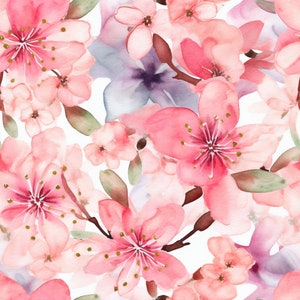 Vibrant Watercolor Sakura Pattern Instant Download SVG, PNG, JPG digital download Repeating Print
