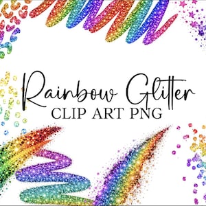 Puede incluir: Gráfico digital con el texto "Rainbow Glitter CLIP ART PNG". El diseño presenta elementos de purpurina coloridos, incluyendo pinceladas de arcoíris, explosiones de estrellas y patrones de leopardo, todo sobre un fondo blanco.