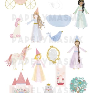 Puede incluir: Ilustración en acuarela con un carruaje rosa, princesas, un unicornio, un cisne, un caniche, un pájaro azul, un castillo, un espejo, un gato con corona y un manzano. Tema de cuento de hadas.