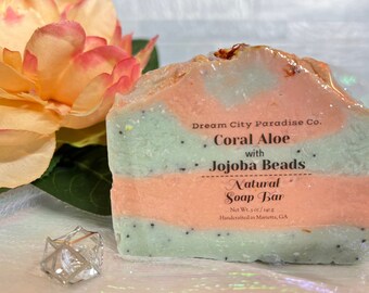 Coral Aloe with Jojoba Beads -  5 oz. Natural Soap Bar, Moisturizing Scented Natural Soap Bars, All Skin Types