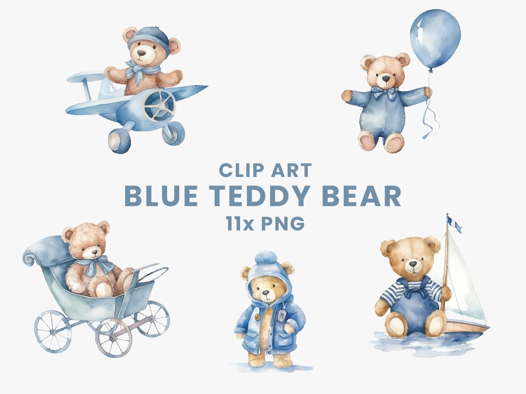 Blue Watercolor Teddy Bear Clipart Bundle, Baby Shower Clipart, Cute ...