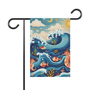 Ocean Waves Garden Banner, Coastal Decor, Beach House Sign, Nautical Gift, Outdoor Decoration for Summer, Garden Flag, Summer Vibes