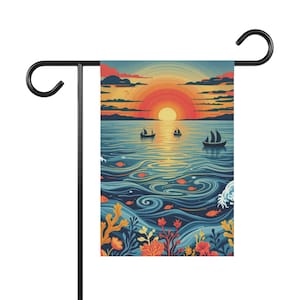 Vibrant Garden Banner, Home Decor for Garden Lovers, Nautical Theme Flag, Outdoor Decoration, Sunset Scene, Floral Art, Garden Flag